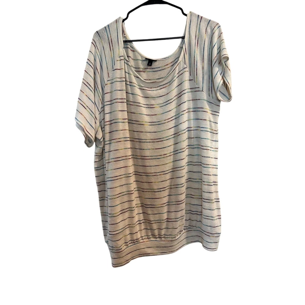 White Knit Multi Color Striped Short Sleeve Scoop Neck Top Banded Hem Womens 3X
